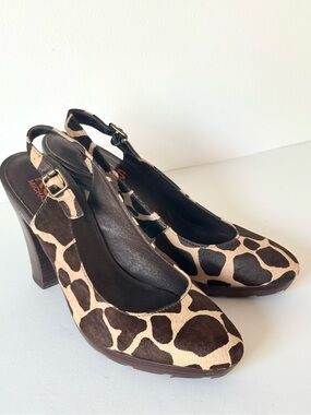 Michael Kors Giraffe Print Calf Hair Slingback Heels Leather Stacked Heel